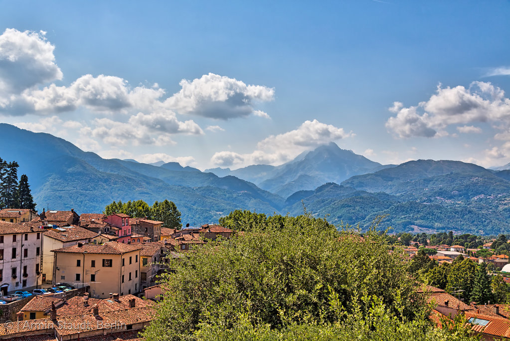 the Apuan Alps behind the town Barga, Tuscany, Italy